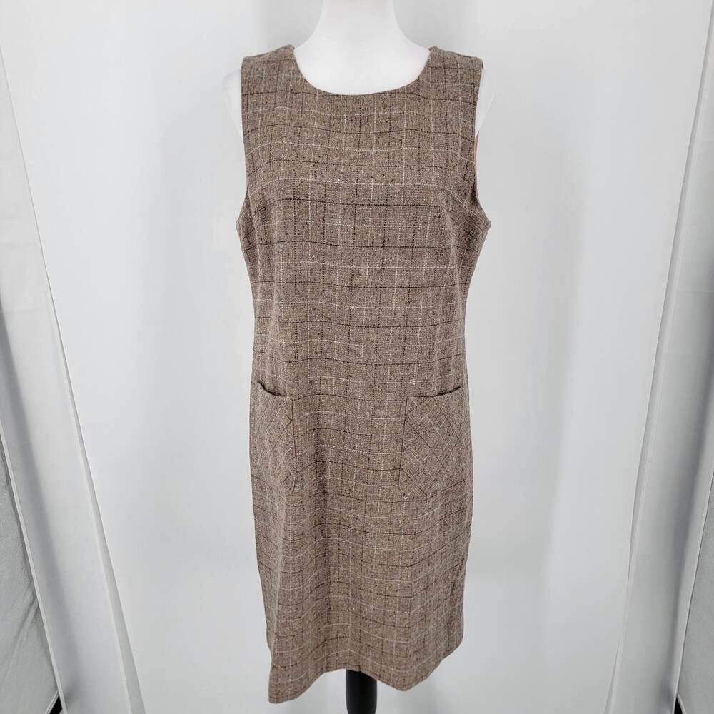 Talbots Womens 6 Brown Tweed Plaid Sheath Dress Sleeveless Lined Pockets Vintage